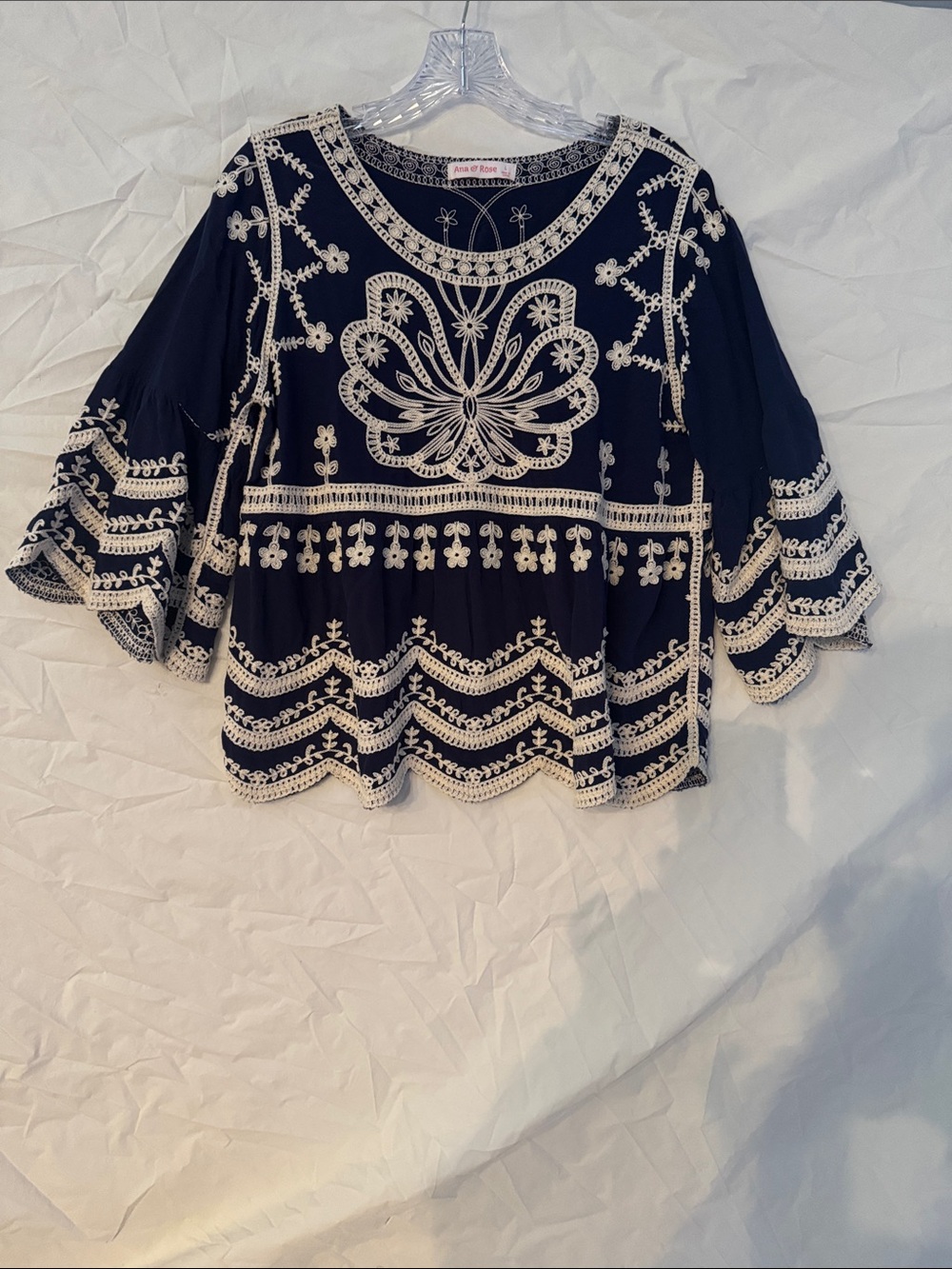 Ana & Rose Embroidered Navy Peasant Scalloped Top with Cream Lace Accents